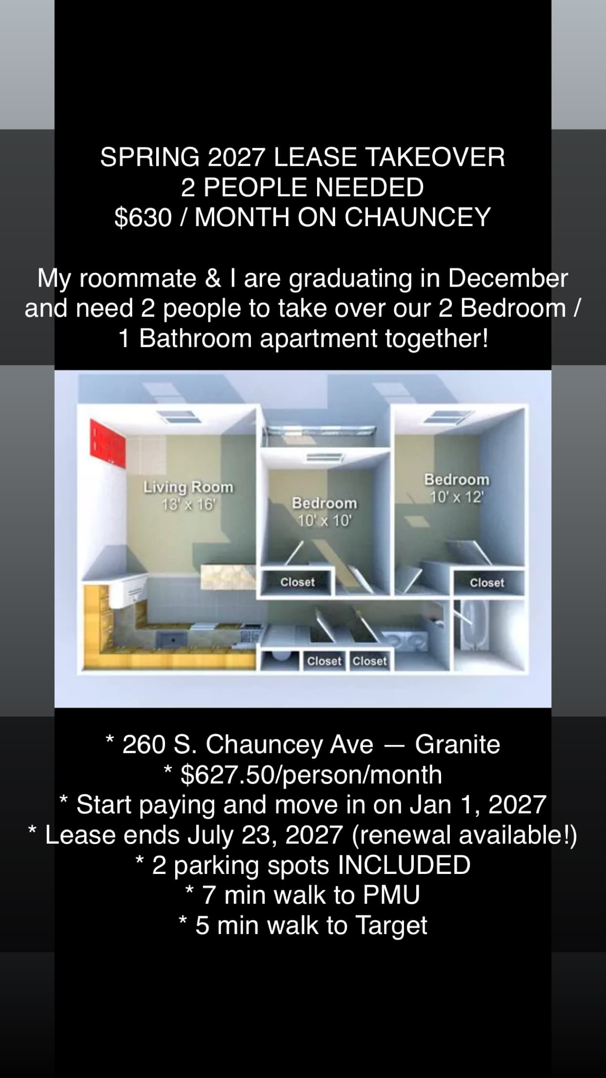 $630/mo on Chauncey! Looking for 2 ppl for lease takeover - 5